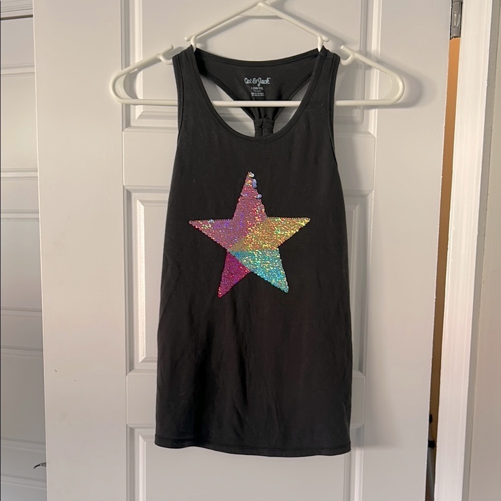 Cat & Jack Dark Gray Tank Top with Colorful Sequin Star